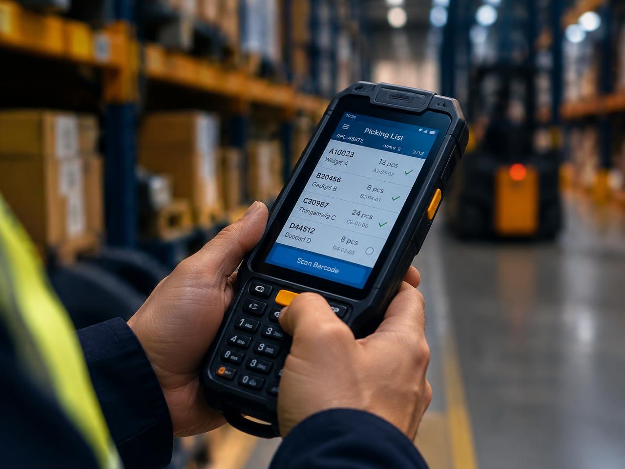 Hand terminal showing a picking list in the warehouse